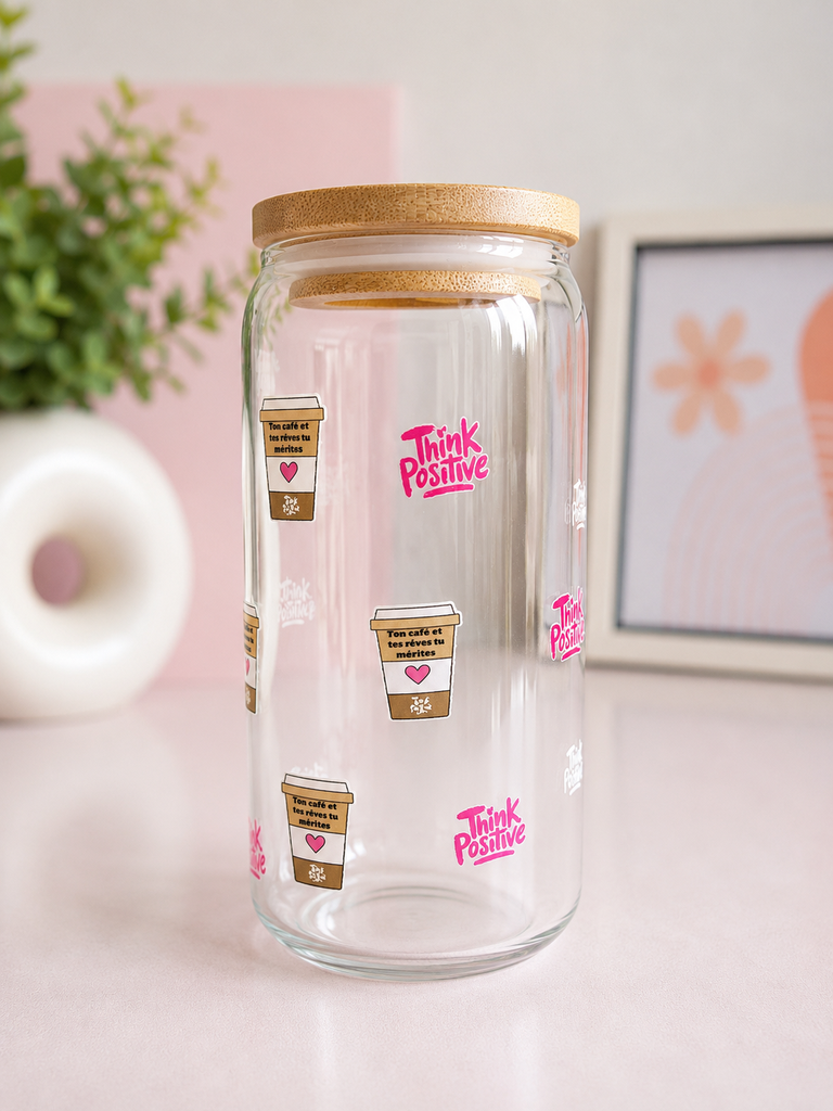 🥇 Mug en verre – Think Positive + paille